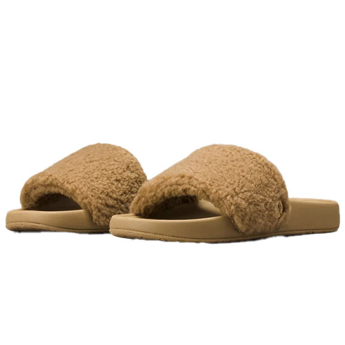 Fuzzy, tan open-toe slide sandals with a textured upper and cushioned footbed.