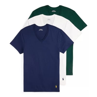 Three V-neck T-shirts in navy, white, and green, each with a Polo logo on the bottom left.