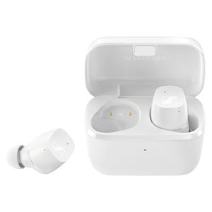 Sennheiser CX True Wireless Earbuds are shown in white with a compact charging case. One earbud is placed inside the case, while the other is outside, highlighting their ergonomic design and branding.