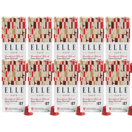 Boxes of ELLE Café Breakfast Blend coffee pods are stacked in three rows. Each box contains 10 pods for coffee machines.