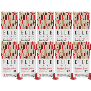 Boxes of ELLE Café Breakfast Blend coffee pods are stacked in three rows. Each box contains 10 pods for coffee machines.