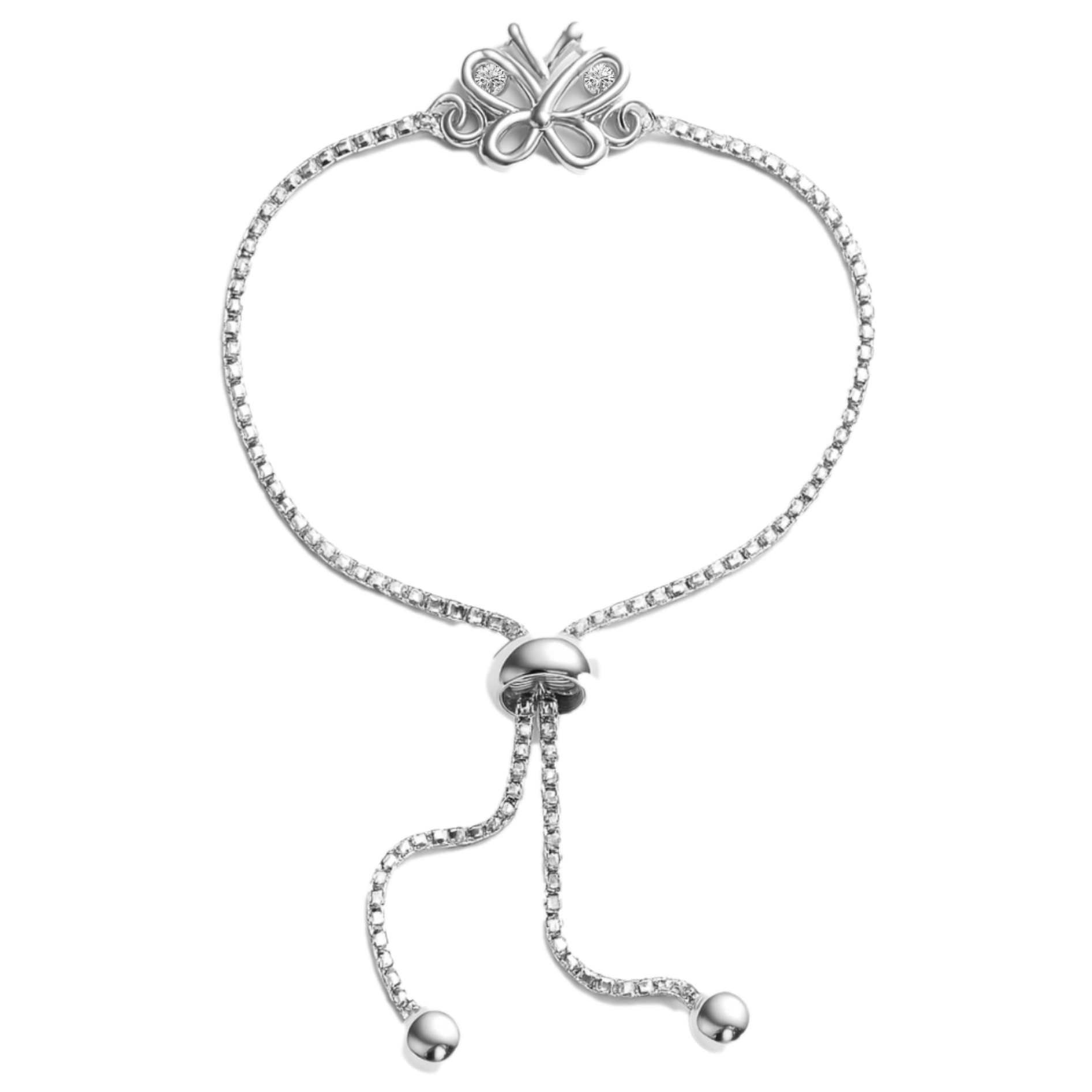 A silver bracelet featuring a butterfly design with sparkling details and an adjustable sliding clasp for a customizable fit.
