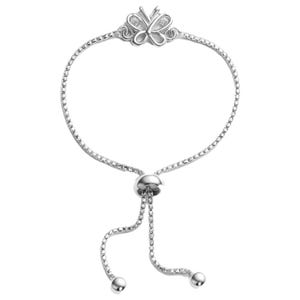A silver bracelet featuring a butterfly design with sparkling details and an adjustable sliding clasp for a customizable fit.