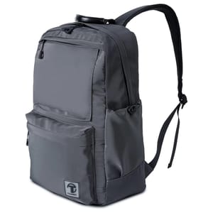 A sleek, dark gray backpack with a front pocket, adjustable shoulder straps, and a subtle logo at the bottom.