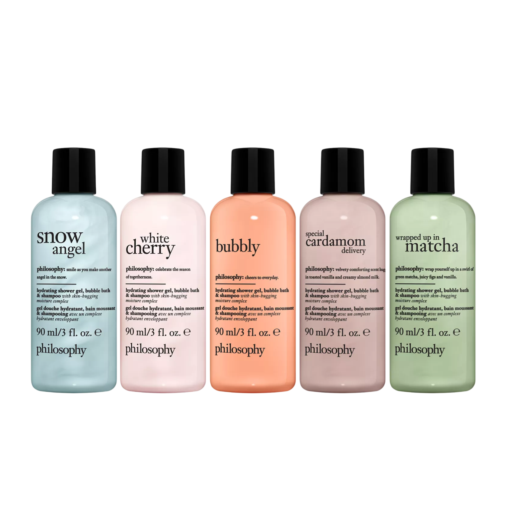 Five Philosophy hydrating shower gel and bubble bath bottles: Snow Angel, White Cherry, Bubbly, Special Cardamom Delivery, Wrapped Up In Matcha, each 90 ml/3 fl. oz.