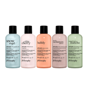 Five Philosophy hydrating shower gel and bubble bath bottles: Snow Angel, White Cherry, Bubbly, Special Cardamom Delivery, Wrapped Up In Matcha, each 90 ml/3 fl. oz.