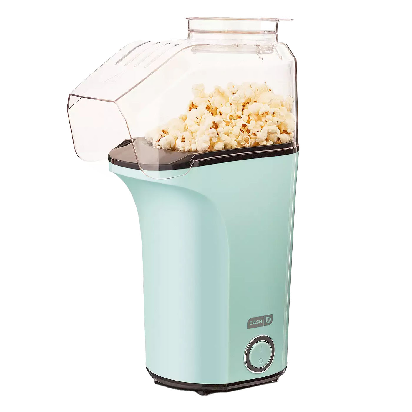 A compact, pastel-colored air popcorn maker with a transparent top for easy monitoring of popcorn. It features a single-button operation, allowing for quick and oil-free popcorn preparation.