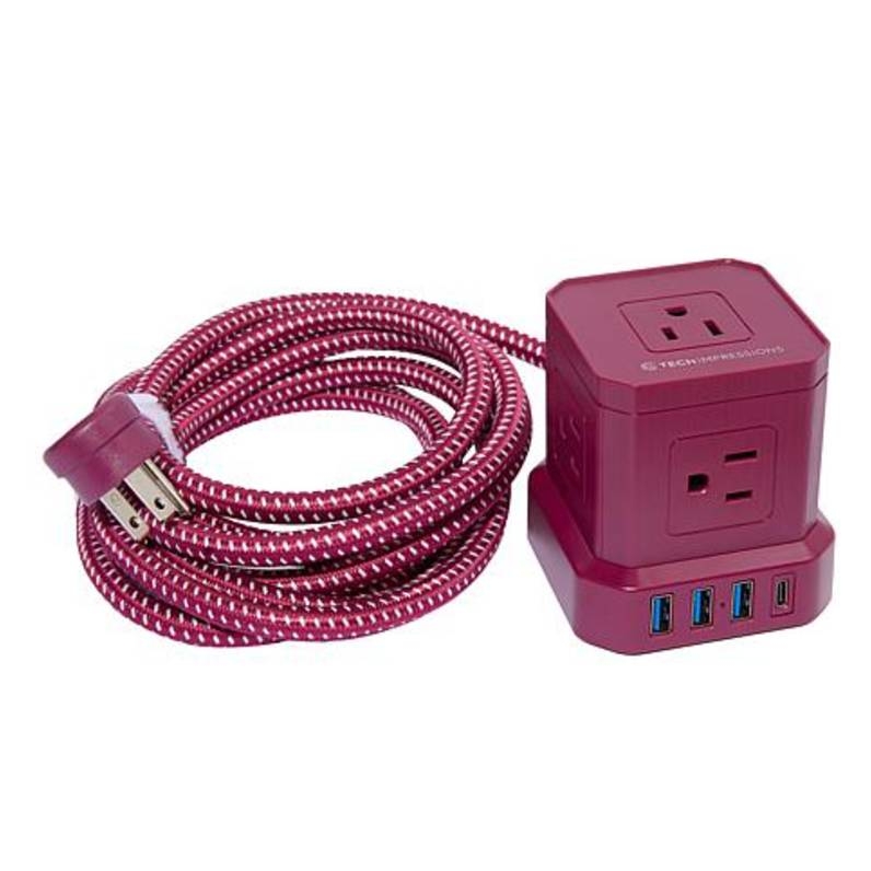 A cube-shaped, red 9-device surge protector with six AC outlets and three USB ports, featuring a braided cord for durability.