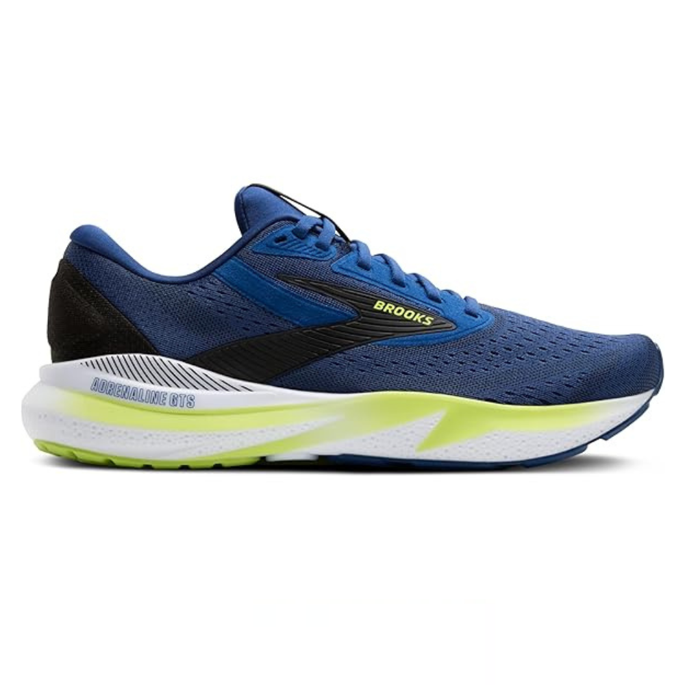 Blue and black Brooks Adrenaline GTS running shoe with a white and neon yellow sole.