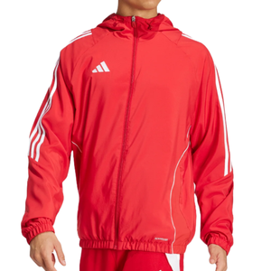 Red Adidas jacket with a hood, featuring white stripes on the sleeves and the Adidas logo on the chest.