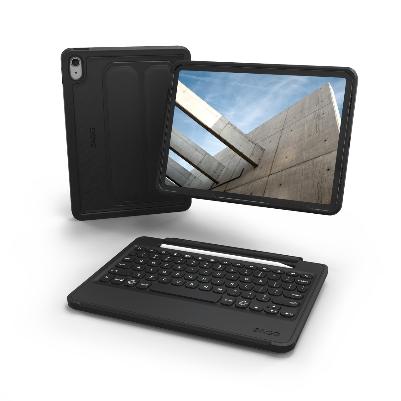 A tablet with a protective case and a detached Bluetooth keyboard.