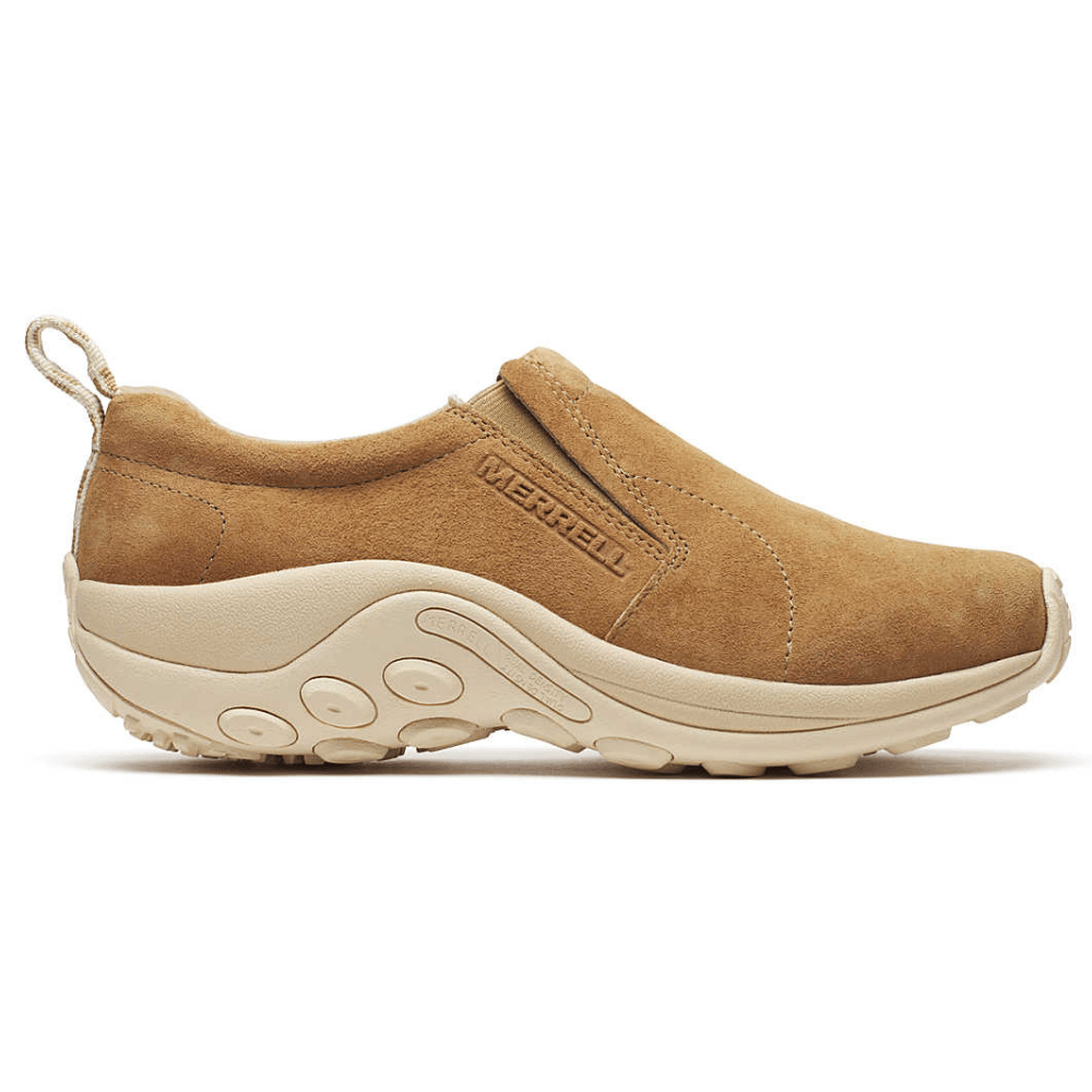 Merrell slip-on shoe, suede upper with a beige sole featuring circular grips, designed for comfort and casual use.