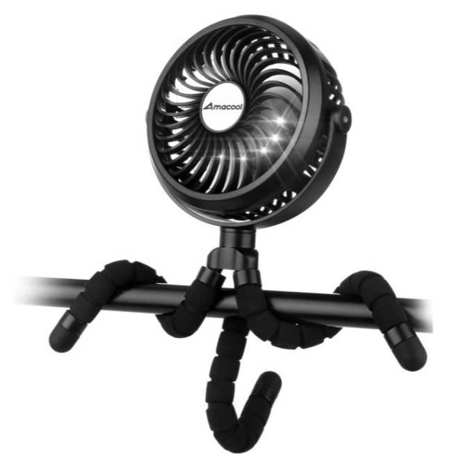 A black portable fan with a flexible tripod base.