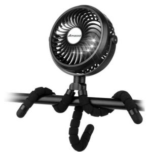 A black portable fan with a flexible tripod base.
