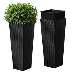 Two tall, rectangular black planters with a textured surface, one with a green plant and the other showcasing its removable insert.