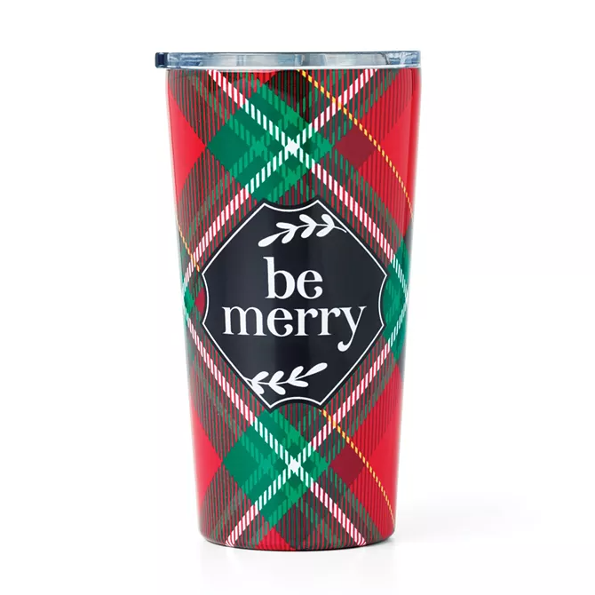 A travel tumbler with a festive red and green plaid pattern and the phrase \“be merry\“ on the front.