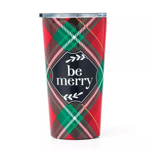 A travel tumbler with a festive red and green plaid pattern and the phrase \“be merry\“ on the front.