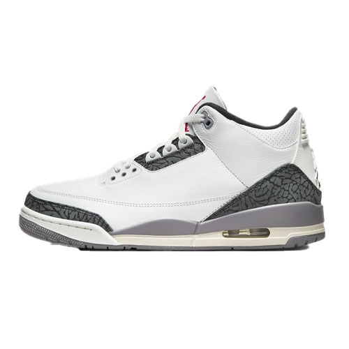 This is a white and grey Air Jordan 3 sneaker with the iconic elephant print detailing and a visible air unit in the heel.