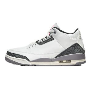 This is a white and grey Air Jordan 3 sneaker with the iconic elephant print detailing and a visible air unit in the heel.