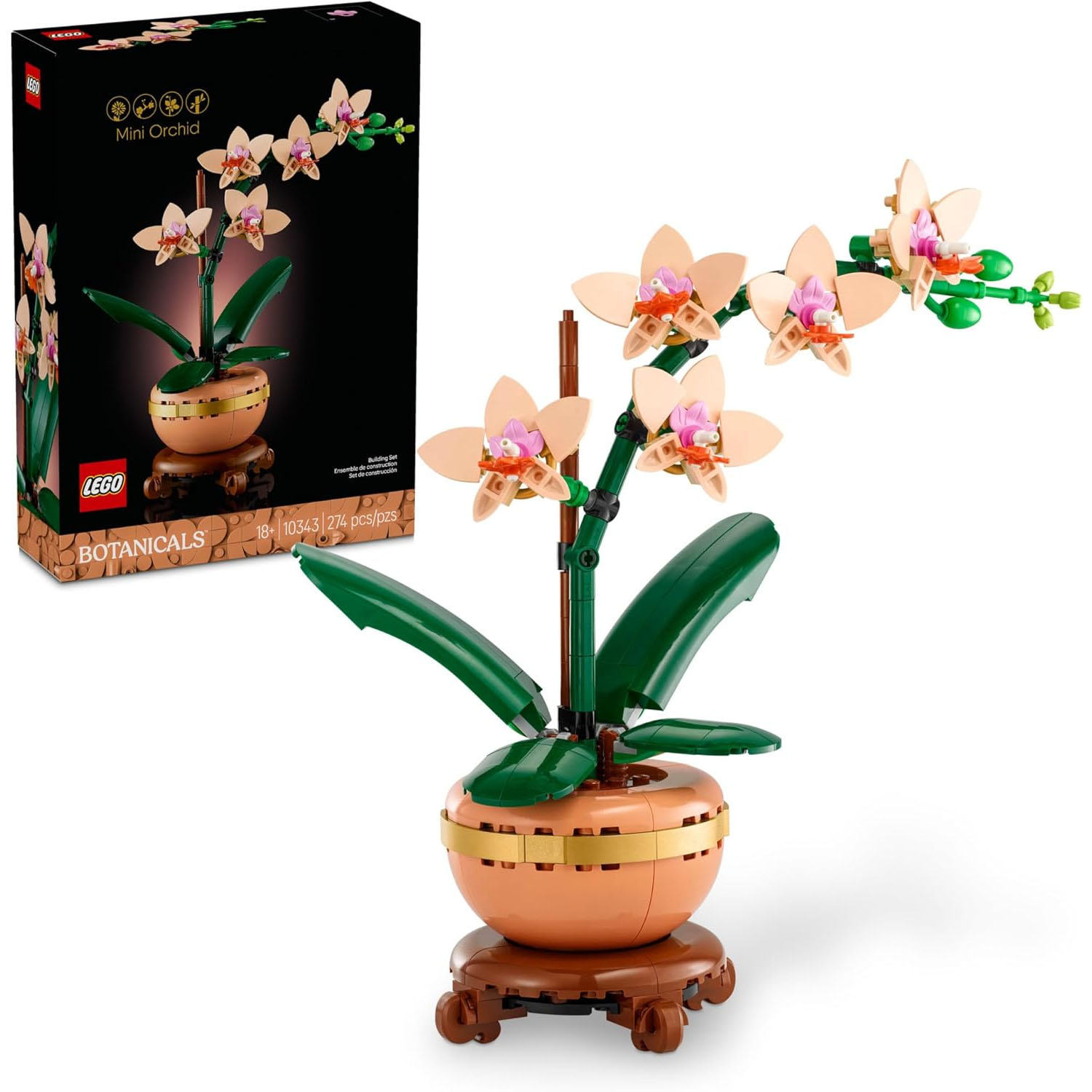 Lego Botanicals Mini Orchid Set (10343) features a buildable orchid plant in a brown pot with green leaves and peach flowers. Includes a box displaying the assembled model; set has 274 pieces.