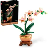 Lego Botanicals Mini Orchid Set (10343) features a buildable orchid plant in a brown pot with green leaves and peach flowers. Includes a box displaying the assembled model; set has 274 pieces.