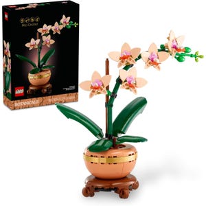 Lego Botanicals Mini Orchid Set (10343) features a buildable orchid plant in a brown pot with green leaves and peach flowers. Includes a box displaying the assembled model; set has 274 pieces.