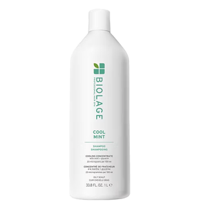Biolage Professional Hair Spa Cool Mint Shampoo in a 33.8 fl. oz. (1 liter) bottle is designed for oily scalps with a cooling concentrate of mint and glycerin, offering freshness and rejuvenation.