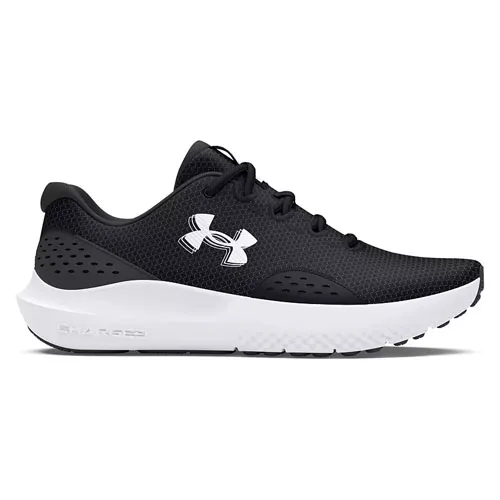 A black and white Under Armour running shoe featuring a mesh upper and a cushioned sole with the Under Armour logo on the side.