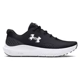 A black and white Under Armour running shoe featuring a mesh upper and a cushioned sole with the Under Armour logo on the side.