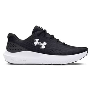 A black and white Under Armour running shoe featuring a mesh upper and a cushioned sole with the Under Armour logo on the side.