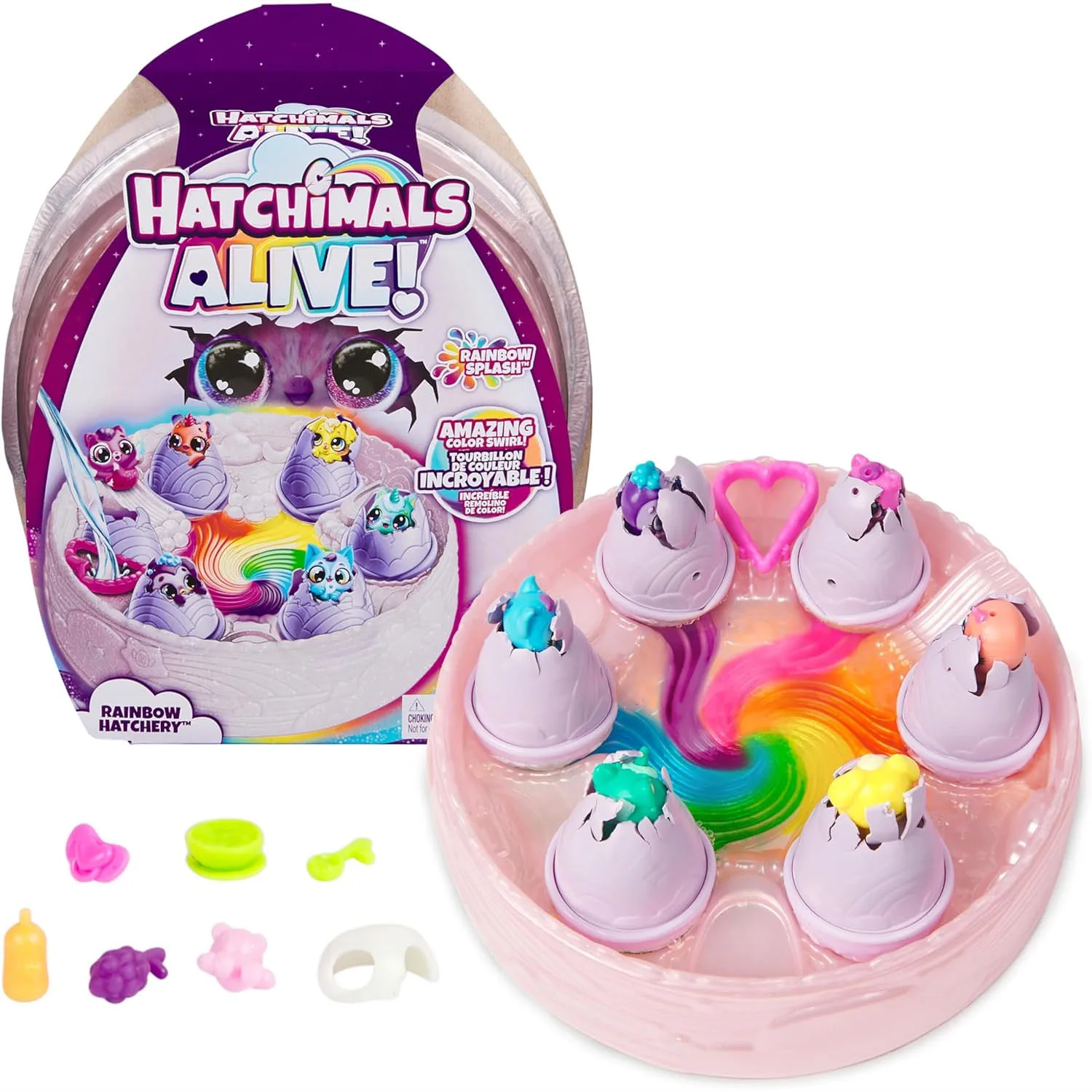 Hatchimals Alive! Rainbow Surprise features colorful toy eggs with hatchable animal figures and accessories. The kit includes a rainbow-colored base with six eggs and various small tools for playful interaction.
