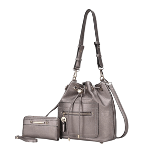 A grey leather bucket bag with adjustable straps and front pocket, accompanied by a matching wristlet with a front zip pocket and decorative M charm.