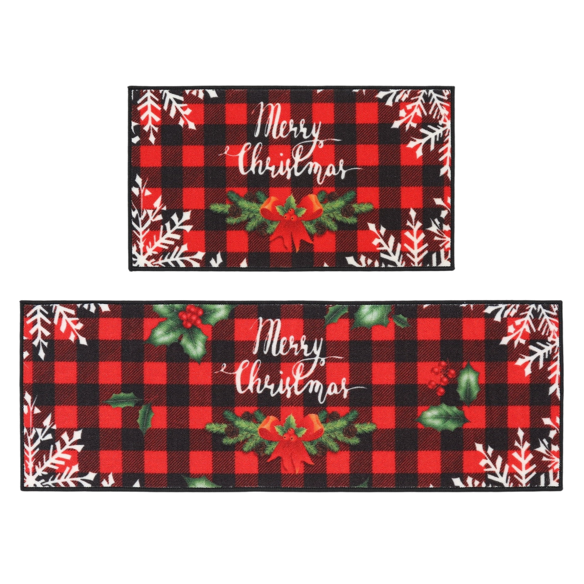 Two rectangular, red and black plaid mats featuring \“Merry Christmas\“ text, adorned with snowflakes and festive greenery accents.