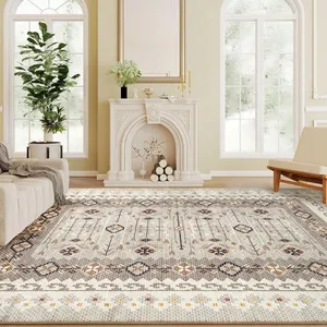 A living room features a large geometric-patterned area rug on the floor, centered between a beige sofa and a fireplace with a decorative mantle. The space also includes large windows, a potted plant, and a minimalist chair.