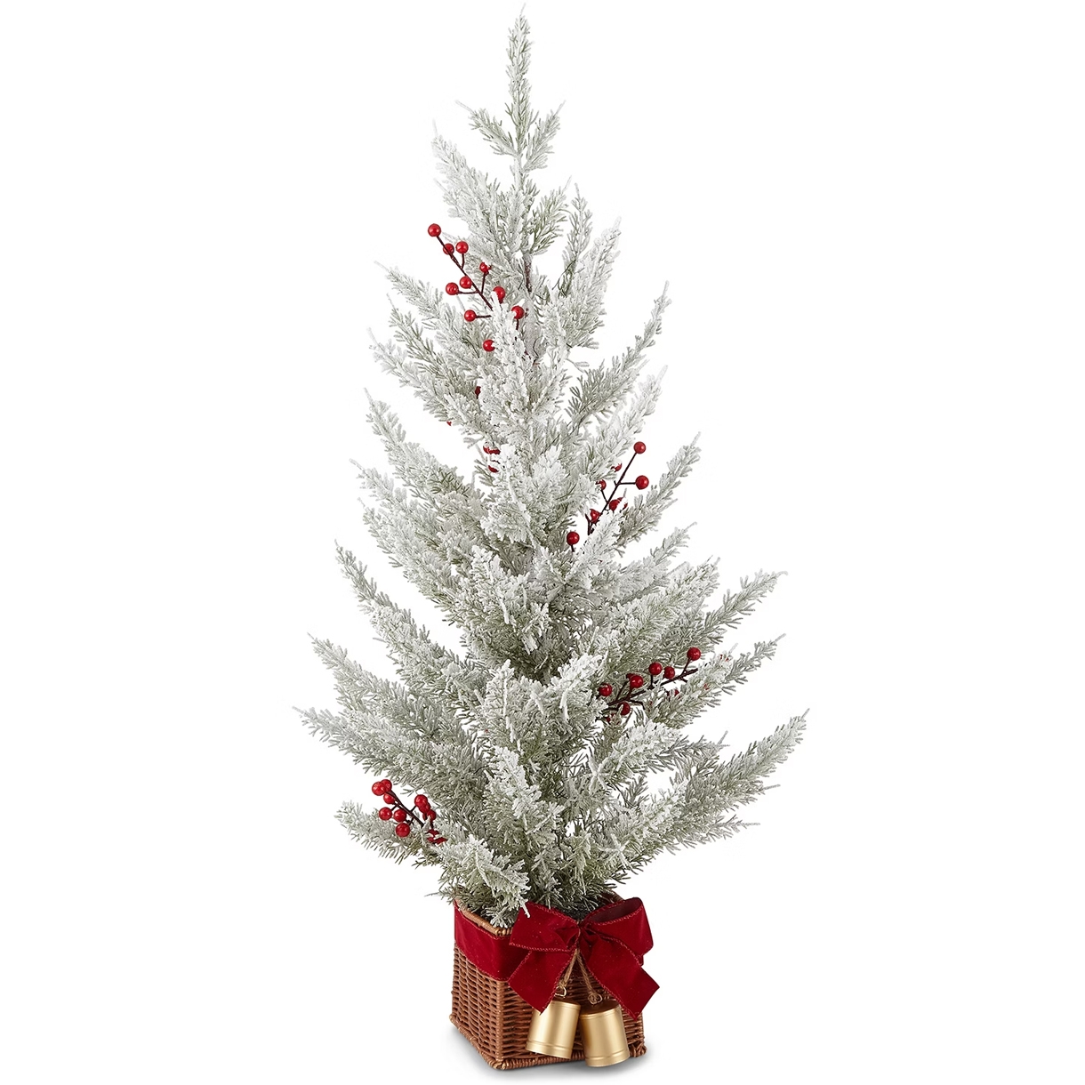 36\“ Flocked Berry Tree with snow-dusted branches, adorned with red berries, set in a woven basket with a red ribbon and gold bells.