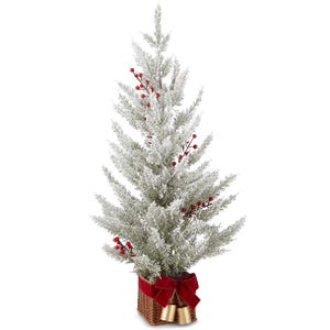 36\“ Flocked Berry Tree with snow-dusted branches, adorned with red berries, set in a woven basket with a red ribbon and gold bells.