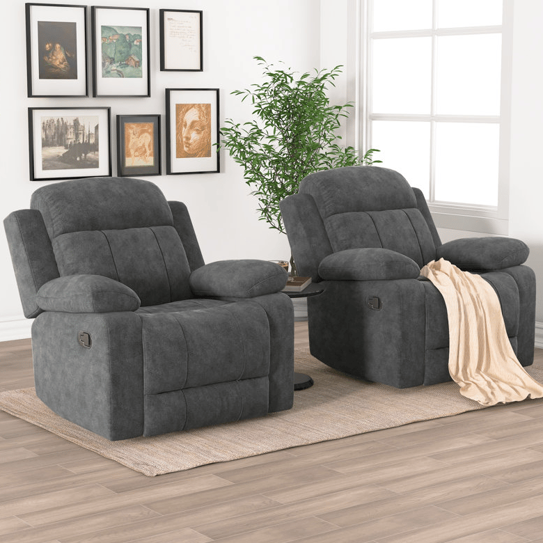 Set of 2 dark gray recliners with plush armrests and backrests, featuring side levers for reclining. Placed on a beige rug in a room with framed wall art and a potted plant nearby.