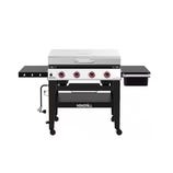 Nexgrill 36-inch 4-burner propane flat top griddle with side shelves, storage, and wheels for easy mobility.