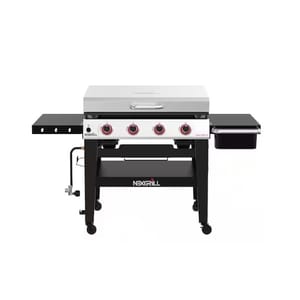 Nexgrill 36-inch 4-burner propane flat top griddle with side shelves, storage, and wheels for easy mobility.
