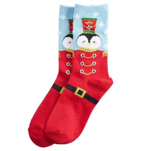 Colorful socks featuring a penguin design with red lower sections, belted details, and light blue upper sections with cloud patterns.