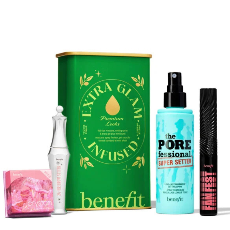 Benefit’s 5pc Extra Glam Infused Gift Set includes fan-favorite makeup: full-size Fan Fest mascara, setting spray, brow gel, and a mini Crystah blush, all housed in a festive green and gold tin.