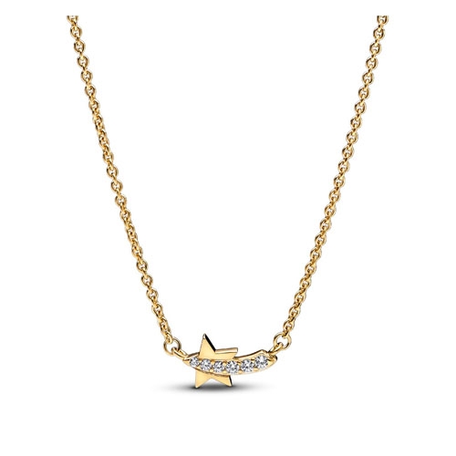 A gold necklace with a pendant shaped like a shooting star, some parts encrusted with crystals.