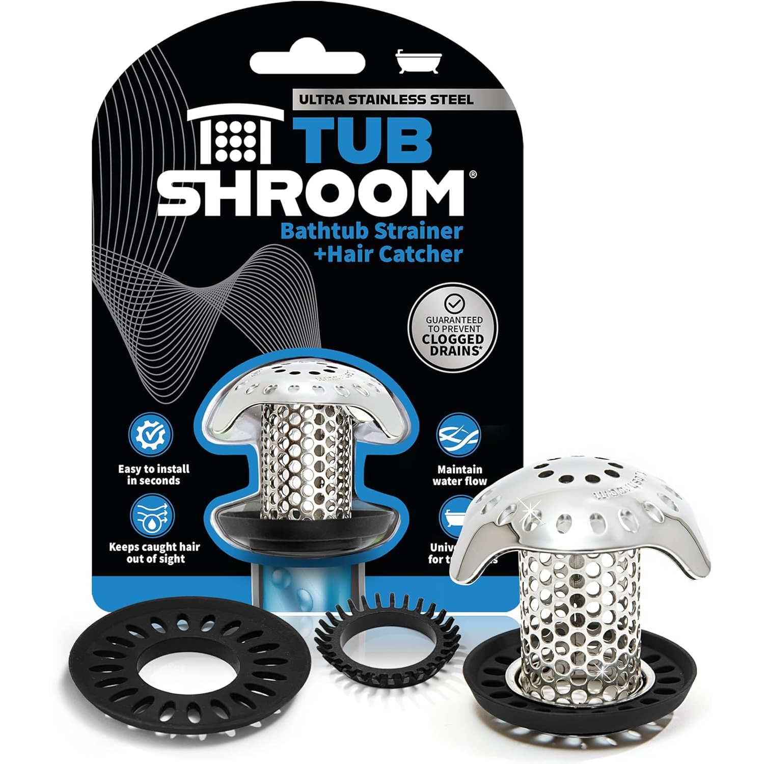 TubShroom stainless steel bathtub strainer and hair catcher prevents clogged drains and maintains water flow. Easy to install, it keeps hair out of sight and comes with two additional rings for universal fit.