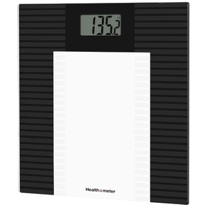 A digital bathroom scale displaying a weight of 135.2 pounds, featuring a black and white striped design with a digital screen.