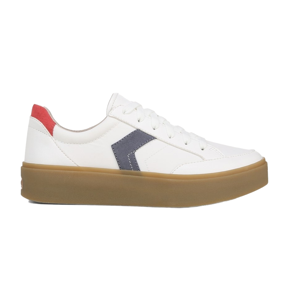 White low-top sneakers with a thick tan sole, featuring a navy lateral stripe and a red accent on the heel.