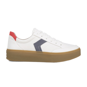White low-top sneakers with a thick tan sole, featuring a navy lateral stripe and a red accent on the heel.