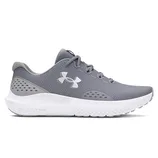 Gray athletic shoe with a perforated design, mesh upper, and a white cushioned sole, featuring the Under Armour logo.