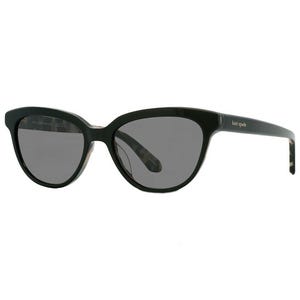 Kate Spade polarized cat-eye sunglasses with dark frames and lenses, featuring a sleek design and subtle brand logo on the arm.