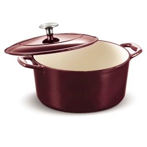 Deep red, enameled cast iron Dutch oven with a cream interior, dual side handles, and a matching lid featuring a stainless steel knob; 5.5-quart capacity.
