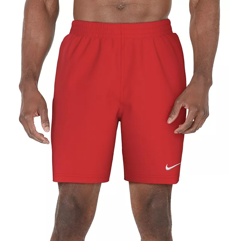 Red athletic shorts with an elastic waistband, featuring a white Nike logo on the left leg.